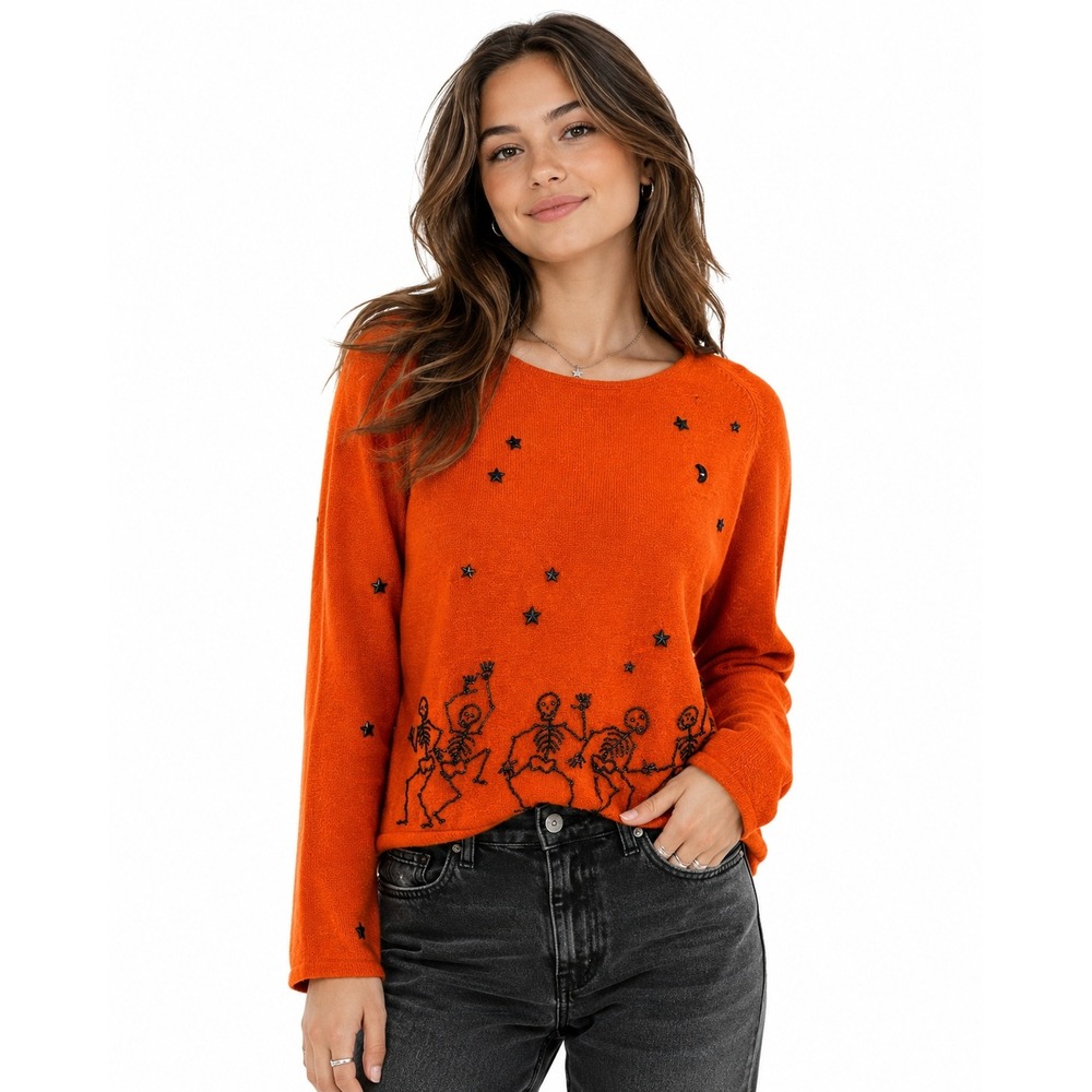 Vtg Christine Rotelli Womens Sweater Orange Halloween Skeletons Beaded Medium